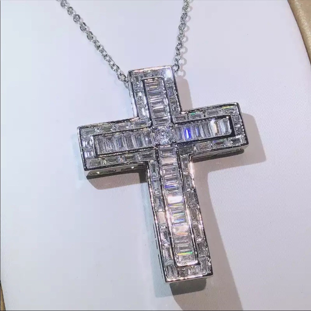 New Men Women 925 Silver Cross Diamond Necklace - Picture 6 of 10